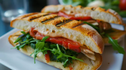 A deliciously grilled panini filled with fresh greens, tomatoes, and cheese, served on a plate, making for an inviting HD desktop wallpaper and background.