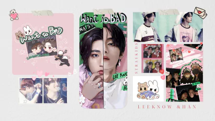 HD PC desktop wallpaper featuring Stray Kids members Leeknow and Hanjisung in a vibrant Kpop-themed collage with playful and artistic elements.