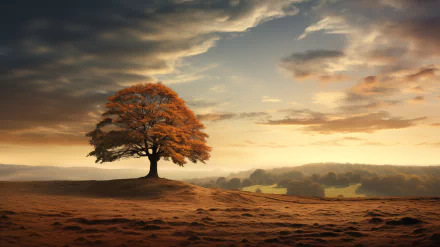 A striking oak tree stands alone in a serene landscape at sunset, with golden light illuminating the scene, making it an inspiring HD desktop wallpaper.