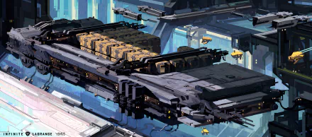 HD wallpaper of Infinite Lagrange sci-fi video game featuring a detailed cargo spaceship docked at a futuristic space station.