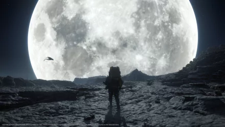 HD desktop wallpaper of Death Stranding 2: On The Beach video game featuring a character standing under a massive moon on a rocky terrain.