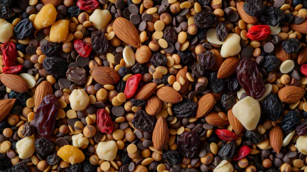 High-definition desktop wallpaper featuring a colorful assortment of trail mix with nuts, seeds, dried fruits, and chocolate chips.