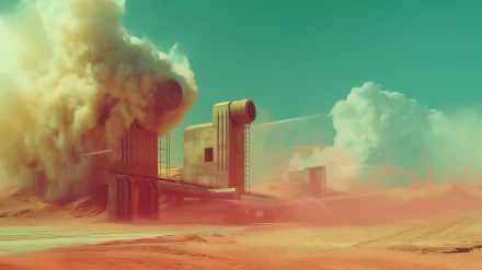 HD wallpaper of a retro-futuristic structure on a desert planet, with vibrant orange tones and plumes of smoke, embodying a vintage sci-fi aesthetic.