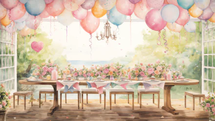 HD wallpaper of a whimsical birthday party scene with pastel balloons, a beautifully decorated table, and flowers against a serene outdoor backdrop.