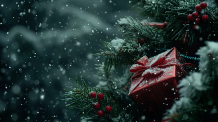 HD desktop wallpaper featuring a Christmas present nestled in snow-covered evergreen branches with red berries and gentle snowfall.