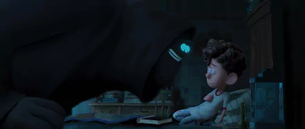 HD desktop wallpaper featuring a scene from 'Orion and the Dark' with a young boy facing a mysterious shadowy figure.