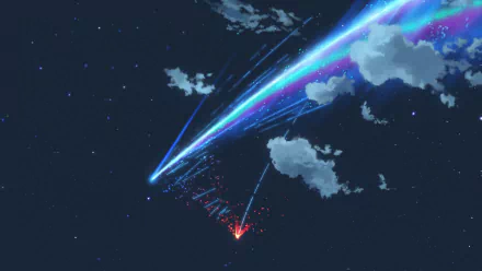4K Ultra HD anime wallpaper from the movie Your Name. showing vibrant comet trails crossing a starry night sky filled with clouds, symbolizing love and connection.