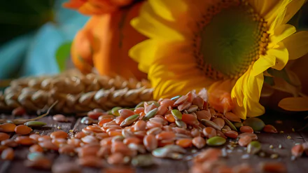 HD wallpaper of sunflower seeds scattered in front of a vibrant sunflower with wheat stalks on a textured surface.