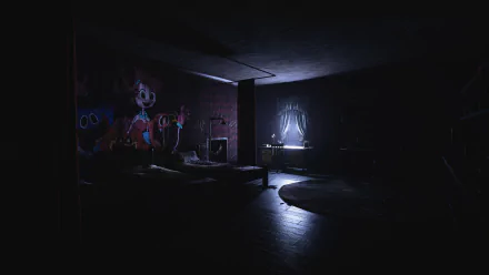 HD wallpaper featuring a dark scene from Poppy Playtime video game with eerie character mural and ambient lighting for desktop background.