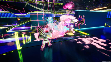 HD wallpaper featuring an action scene from the video game Foamstars, with vibrant neon graphics and futuristic characters in combat.