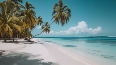 A serene tropical island beach featuring swaying palm trees and crystal-clear water under a blue sky, creating a stunning HD desktop wallpaper and background.