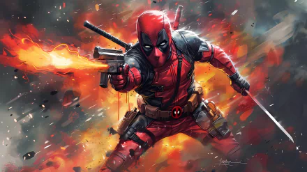 HD Deadpool fan art wallpaper featuring the dynamic character in action with a sword and gun against an explosive background.