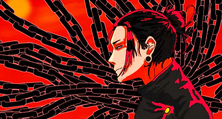 Suguru Geto from Jujutsu Kaisen is depicted in a dynamic 4K Ultra HD PC desktop wallpaper with bold red and black tones and chains in the background.