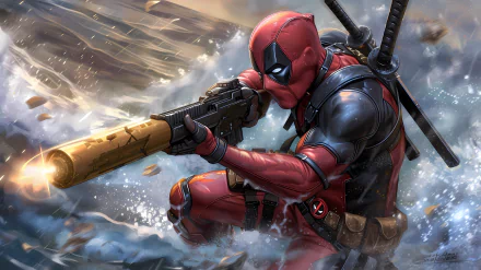 HD Deadpool fan art desktop wallpaper featuring the superhero in action with a gun and dynamic background.