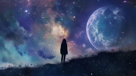 A silhouette of a person gazes at a mesmerizing starry night sky, filled with vibrant colors and a large moon, capturing the beauty of stargazing in this HD wallpaper.
