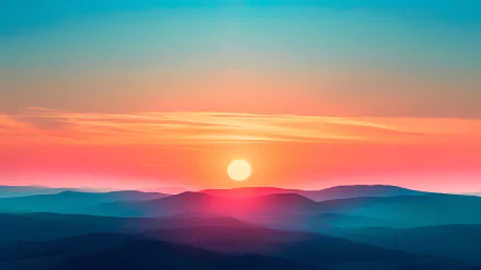 HD wallpaper of a serene sunset over rolling hills with vibrant horizon colors perfect for a desktop background.