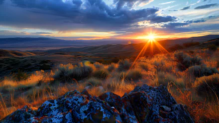 Sunset over plains with vibrant sky and horizon, HD wallpaper and background.