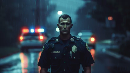 HD wallpaper featuring a stern-faced police officer standing in the rain with a patrol car's lights blurred in the background.