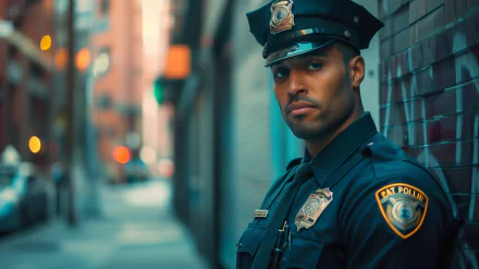 HD desktop wallpaper featuring a confident police officer standing on duty in an urban alley, showcasing the focused essence of law enforcement.