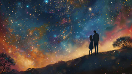 Romantic couple star gazing under a dazzling night sky HD wallpaper.