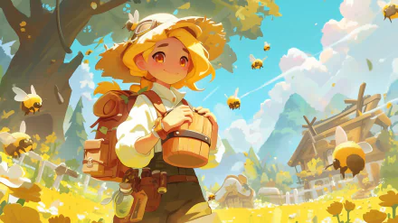 Anime-style beekeeper with bees HD desktop wallpaper, featuring a cheerful character in a sunny, idyllic setting conducive to beekeeping.