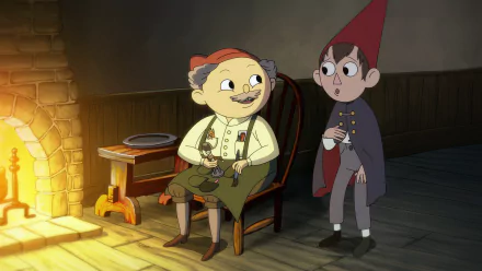 HD wallpaper featuring characters from the TV show Over the Garden Wall, depicted in a cozy, warmly lit interior scene.