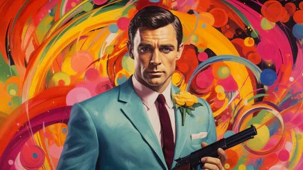 HD desktop wallpaper featuring a stylized artistic rendition of a James Bond character in a sharp suit, holding a gun, set against a vibrant, colorful abstract background.