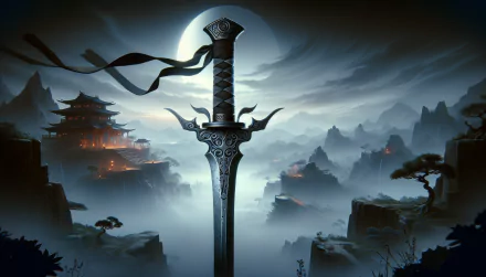HD desktop wallpaper featuring a ninja sword with an ethereal misty oriental landscape in the background.