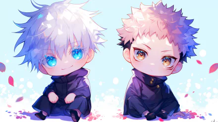 Chibi-style HD wallpaper featuring Satoru Gojo and Yuji Itadori from Jujutsu Kaisen, showcasing their playful expressions against a soft blue background.