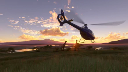 HD wallpaper of Microsoft Flight Simulator featuring a helicopter landing at sunset with scenic landscape background.