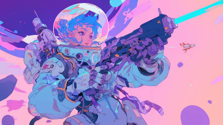 An anime girl space pirate wields a futuristic weapon in vibrant colors, set against a cosmic backdrop. This HD wallpaper captures a bold and adventurous spirit.