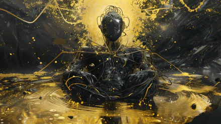 HD desktop wallpaper of the Undying Emperor, featuring a mystical black and gold figure seated in a meditative pose with dynamic paint splatter effects.