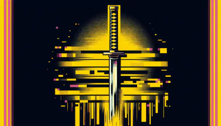 HD desktop wallpaper featuring an abstract ninja sword with glowing yellow and black digital effects against a dark background.