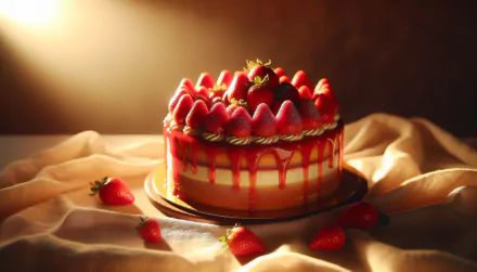 A beautifully decorated strawberry cake is presented on a smooth surface, adorned with fresh strawberries and dripping glaze, creating an enticing HD desktop wallpaper and background.