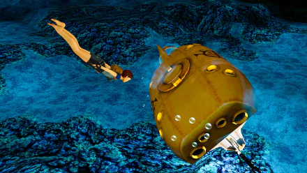 HD Wallpaper of Tomb Raider I–III Remastered underwater scene with the main character swimming next to a sunken artifact.