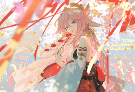 4K Ultra HD desktop wallpaper featuring Yae Miko Guuji from Genshin Impact, surrounded by vibrant autumn leaves and soft sunlight.