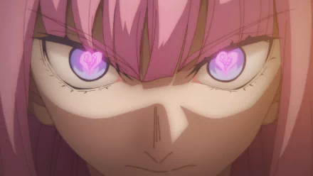 HD wallpaper from The Kingdoms of Ruin anime featuring a close-up of a character's intense face with pink hair and eyes with floral patterns.