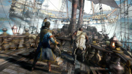 HD wallpaper of 'Skull and Bones' video game featuring pirates on deck overlooking the harbor.