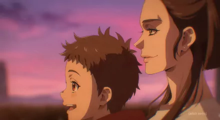 A captivating HD desktop wallpaper featuring characters from Ninja Kamui, showcasing a heartfelt moment between a child and an adult against a colorful sunset backdrop.