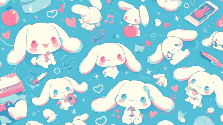 HD wallpaper featuring a cute pattern of Cinnamoroll, the Sanrio anime character, with hearts and accessories on a blue background.