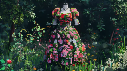 HD desktop wallpaper featuring a vibrant floral dress on a mannequin set against a lush, dark garden background.