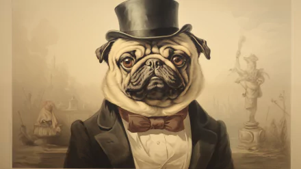 Elegant pug dog dressed as a gentleman with a top hat and bow tie, in a vintage-style HD desktop wallpaper background.