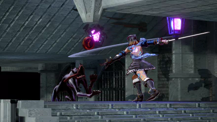 HD Wallpaper featuring a scene from Bloodstained: Ritual of the Night video game, showing the protagonist wielding a glowing sword against a shadowy creature.