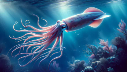 HD wallpaper of a majestic squid swimming underwater among corals with sunbeams filtering through the water.
