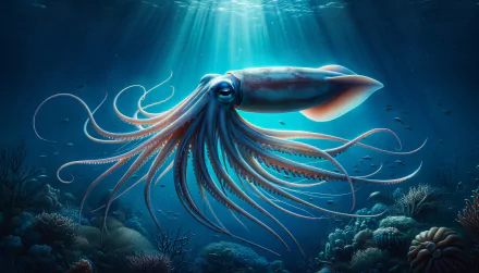 Vivid HD wallpaper of a majestic squid gliding underwater with shimmering light rays filtering through the ocean depths.
