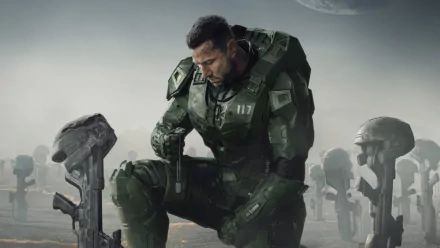 HD wallpaper featuring Master Chief from the Halo TV show, posed contemplatively with helmet off, against a backdrop of a distant planet and other soldiers.