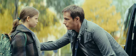 HD wallpaper of a man and a young girl from the TV show Constellation (2024), with an autumnal background.