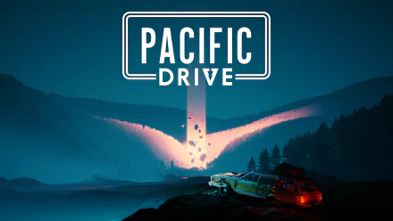 HD wallpaper featuring Pacific Drive video game with stylized title over a mystical nighttime landscape and glowing car headlights.