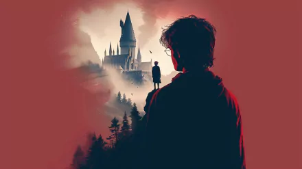 Harry Potter themed HD desktop wallpaper featuring the silhouette of a young wizard gazing at Hogwarts castle amidst a mystic red mist background.