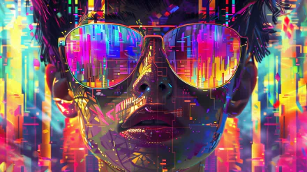 HD desktop wallpaper featuring a vibrant future funk aesthetic with a person wearing reflective sunglasses reflecting colorful abstract patterns.
